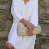 Women's Casual Dress Cotton Linen Dress Shift Dress Midi Dress Cotton Blend Basic Modern Outdoor Daily Vacation V Neck Ruched Basic 3/4 Length Sleeve Summer Spring Fall 2023 Loose Fit White Pink Red