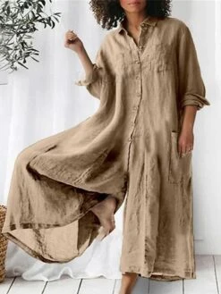 Women's Jumpsuits CasualFall Button Pocket Solid Color Shirt Collar Streetwear Street Daily Loose Fit Long Sleeve Blue Green Khaki S M L Summer