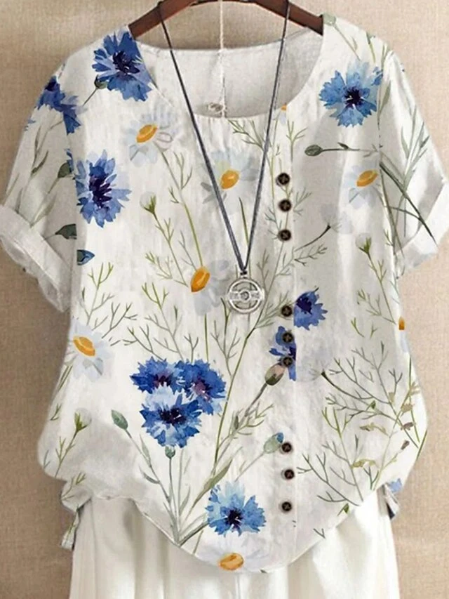 Women's Blouse White Blue Green Floral Print Short Sleeve Daily Sports Going Out Streetwear Festival Crewneck Regular Fit Summer Spring 3 Women's Blouse White Blue Green Floral Print Short Sleeve Daily Sports Going Out Streetwear Festival Crewneck Regular Fit Summer Spring - Image 3