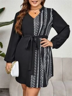 Women's Plus Size Curve Casual Dress Sheath Dress Black Dress Geometric Midi Dress Long Sleeve Lace Up Print V Neck Fashion Outdoor Black Fall Winter XL XXL 3XL 4XL -Cheap Plus Fit Dress Store eofxos1695024245261 1