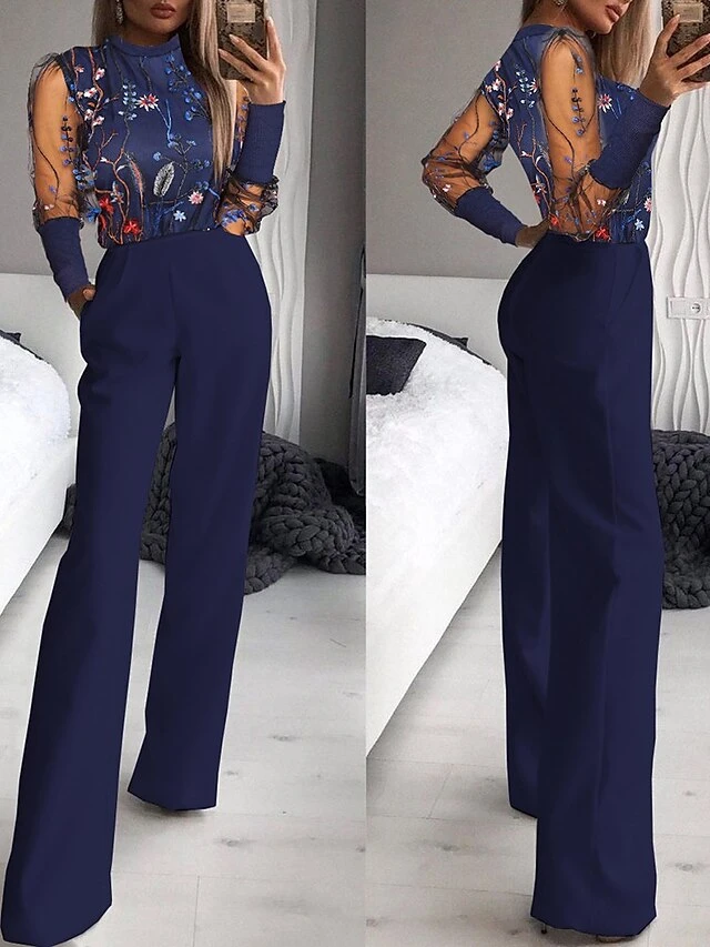 Jumpsuits For Women Summer Dressy Mesh Embroidered Floral Stand Collar Elegant Party Street Regular Fit Long Sleeve Blue S M L Spring Fall 1 Jumpsuits For Women Summer Dressy Mesh Embroidered Floral Stand Collar Elegant Party Street Regular Fit Long Sleeve Blue S M L Spring Fall