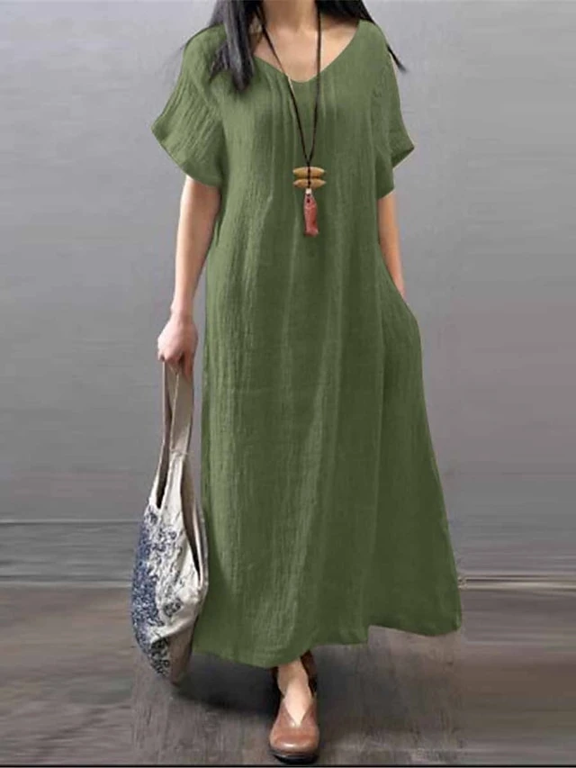 Women's Casual Dress Cotton Linen Dress A Line Dress Maxi Long Dress Cotton And Linen Basic Casual Outdoor Daily V Neck Pocket Short Sleeve Summer Spring 2023 Loose Fit ArmyGreen Navy Blue Orange 2 Women's Casual Dress Cotton Linen Dress A Line Dress Maxi Long Dress Cotton And Linen Basic Casual Outdoor Daily V Neck Pocket Short Sleeve Summer Spring 2023 Loose Fit ArmyGreen Navy Blue Orange - Image 2
