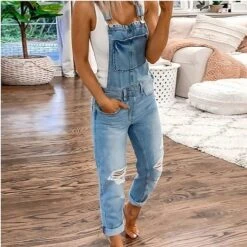 Women's Pants Trousers Jumpsuit Rompers Denim Blue Dark Blue Gray Mid Waist Fashion Casual Weekend Side Pockets Cut Out Micro-elastic Full Length Comfort Plain S M L XL XXL