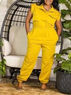 Women's Jumpsuit Button Pocket Solid Color Shirt Collar Streetwear Daily Going Out Regular Fit Short Sleeve Yellow XL XXL 3XL Summer
