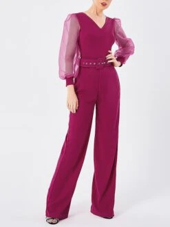 Women's Jumpsuit Mesh High Waist Solid Color V Neck Streetwear Street Daily Regular Fit Long Sleeve Black Fuchsia S M L Fall -Cheap Plus Fit Dress Store epdobl1693274259778