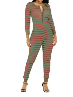 Women's Jumpsuit Button Print Striped V Neck Streetwear Christmas Street Xmas Regular Fit Long Sleeve Pink Red Blue S M L Fall -Cheap Plus Fit Dress Store epmsyt1695792393832