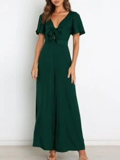 Women's Jumpsuit Ruffle Backless Solid Color V Neck Streetwear Street Daily Regular Fit Short Sleeve Green Wine Navy Blue S M L Spring / Bow -Cheap Plus Fit Dress Store epncwh1647857553274