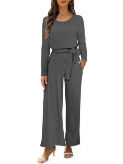 Women's Jumpsuit Pocket Solid Color Round Neck Active Daily Going Out Regular Fit Long Sleeve Black Wine Navy Blue S M L Fall