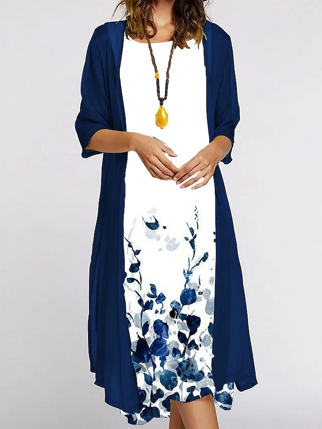 Women's Dress Set Two Piece Dress Midi Dress White Green Gray 3/4 Length Sleeve Floral Patchwork Summer Spring Crew Neck Basic Vacation Loose Fit 2023 S M L XL XXL 1 Women's Dress Set Two Piece Dress Midi Dress White Green Gray 3/4 Length Sleeve Floral Patchwork Summer Spring Crew Neck Basic Vacation Loose Fit 2023 S M L XL XXL