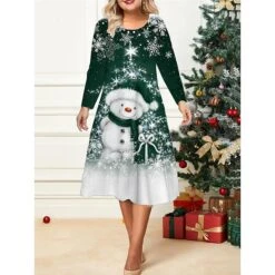 Women's Christmas Plus Size Curve Casual Dress Skater Dress A Line Dress Snowman Snowflake Midi Dress Long Sleeve Print Crew Neck Fashion Outdoor Black White Fall Winter L XL XXL 3XL 4XL -Cheap Plus Fit Dress Store erfaxh1695640673016