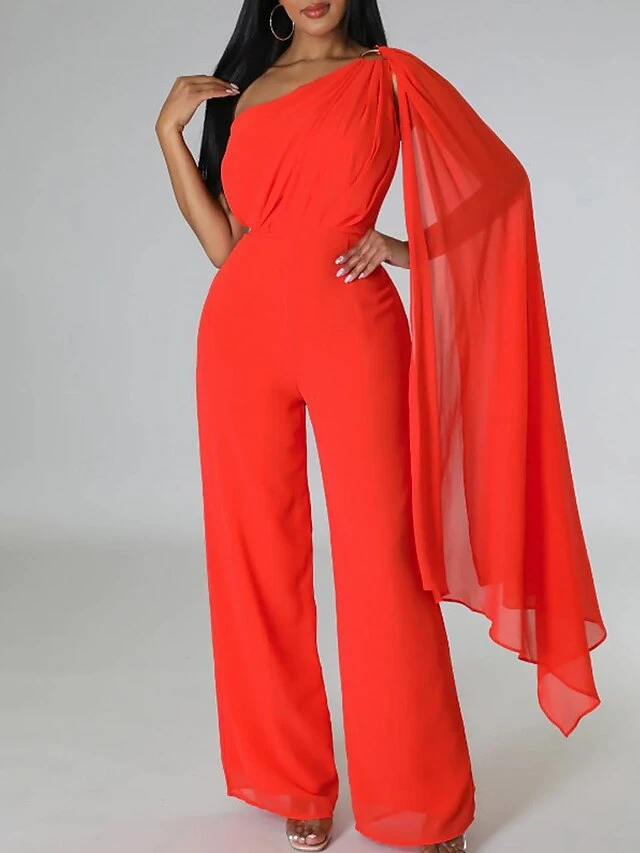 Women‘s Jumpsuit Cape Solid Color One Shoulder Wedding Business Wedding Street Slim Sleeveless Orange Red Dark Pink S M L Fall 7 Women‘s Jumpsuit Cape Solid Color One Shoulder Wedding Business Wedding Street Slim Sleeveless Orange Red Dark Pink S M L Fall - Image 7