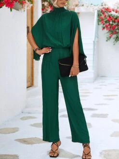 Black Jumpsuit For Women Split High Waist Solid Color Stand Collar Streetwear Daily Vacation Regular Fit 3/4 Length Sleeve Black Green S M L SummerFall Cold Weather -Cheap Plus Fit Dress Store erhlnc1675826680184
