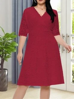 Women‘s Plus Size Curve Party Dress Lace Dress White Dress Solid Color Midi Dress Half Sleeve Lace V Neck Fashion Party White Red Summer Spring XL XXL 3XL 4XL 5XL -Cheap Plus Fit Dress Store eriute1681204555576