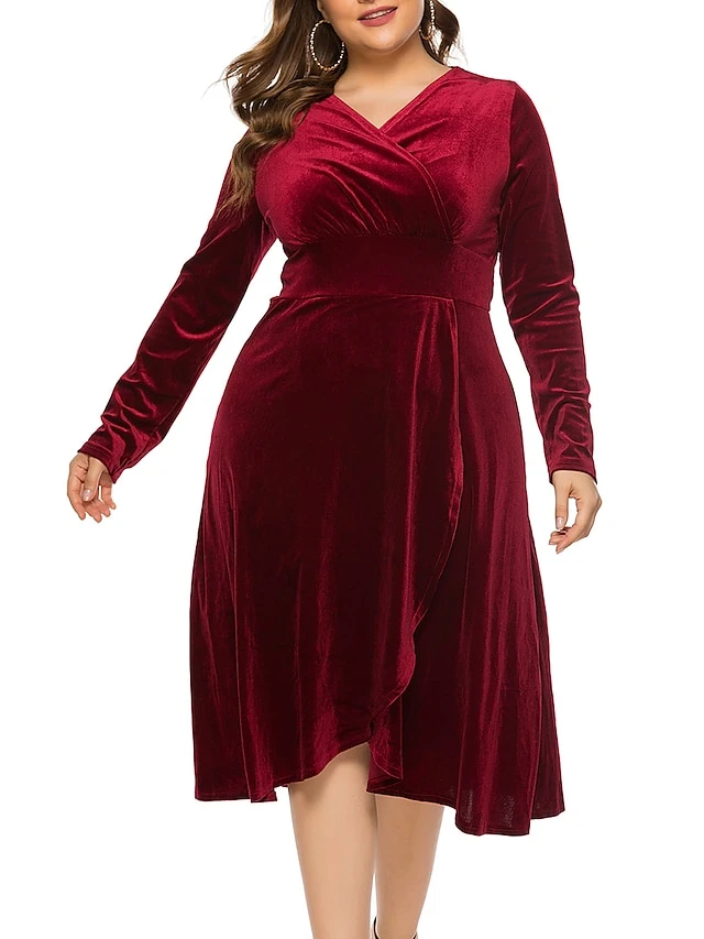 Women's Plus Size Curve Party Dress Velvet Dress Sheath Dress Solid Color Midi Dress Long Sleeve Ruched Patchwork V Neck Fashion Wedding Deep Green Black Spring Fall XL XXL 3XL 4XL 5XL 1 Women's Plus Size Curve Party Dress Velvet Dress Sheath Dress Solid Color Midi Dress Long Sleeve Ruched Patchwork V Neck Fashion Wedding Deep Green Black Spring Fall XL XXL 3XL 4XL 5XL