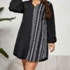 Women's Plus Size Curve Casual Dress Sheath Dress Black Dress Geometric Midi Dress Long Sleeve Drawstring Print V Neck Fashion Outdoor Black Fall Winter XL XXL 3XL 4XL