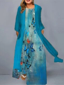 Women‘s Plus Size Curve Casual Dress Dress Set Two Piece Dress Animal Butterfly Long Dress Maxi Dress 3/4 Length Sleeve Print Crew Neck Fashion Daily Blue Green Spring Summer L XL XXL 3XL 4XL -Cheap Plus Fit Dress Store esofen1672987044304