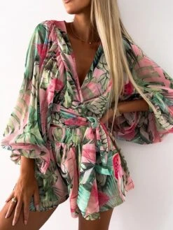 Women's Romper Pleated Print Floral V Neck Streetwear Daily Vacation Regular Fit Long Sleeve Pink Red Blue S M L Spring