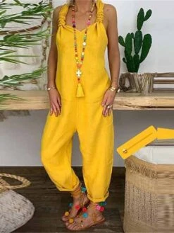 Jumpsuits For Women Overall Pocket Solid Color V Neck Streetwear Street Daily Regular Fit Sleeveless Black Yellow Blue S M L Fall Back To School