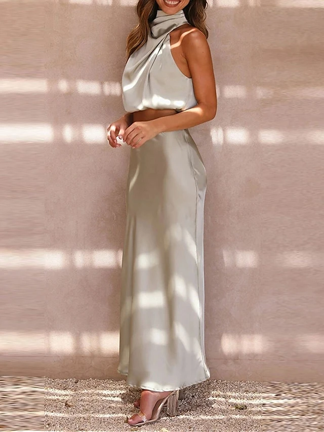 Women's Two Piece Dress Set Casual Dress Skirt Set Daily Holiday Fashion Sexy Ruched Long Dress Maxi Dress Stand Collar Sleeveless Plain Regular Fit Black White Light Green Summer Spring S M L XL 17 Women's Two Piece Dress Set Casual Dress Skirt Set Daily Holiday Fashion Sexy Ruched Long Dress Maxi Dress Stand Collar Sleeveless Plain Regular Fit Black White Light Green Summer Spring S M L XL - Image 17