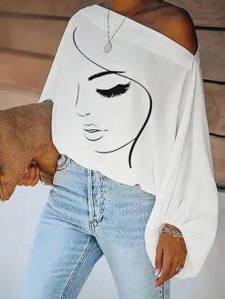 Women's Shirt Blouse White Gold Letter Portrait Off Shoulder Print Long Sleeve Casual Basic Off Shoulder Regular Fit Portrait -Cheap Plus Fit Dress Store etdzop1692790562762