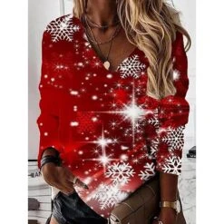 Women's Shirt Christmas Shirt Black Wine Red Snowflake Print Long Sleeve Christmas Weekend Streetwear Casual V Neck Regular Fit Spring Fall