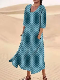 Women's Casual Dress Cotton Linen Dress Midi Dress Polyester Fashion Casual Daily Outdoor Daily Vacation Crew Neck Pocket Print Half Sleeve Summer Spring Fall 2023 Loose Fit Light Green Royal Blue -Cheap Plus Fit Dress Store etuyfl1690365424676
