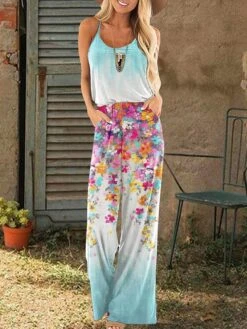 Jumpsuit For Woman Pocket Print Floral U Neck Casual Daily Going Out Straight Regular Fit Spaghetti Strap White Red Blue S M L Summer