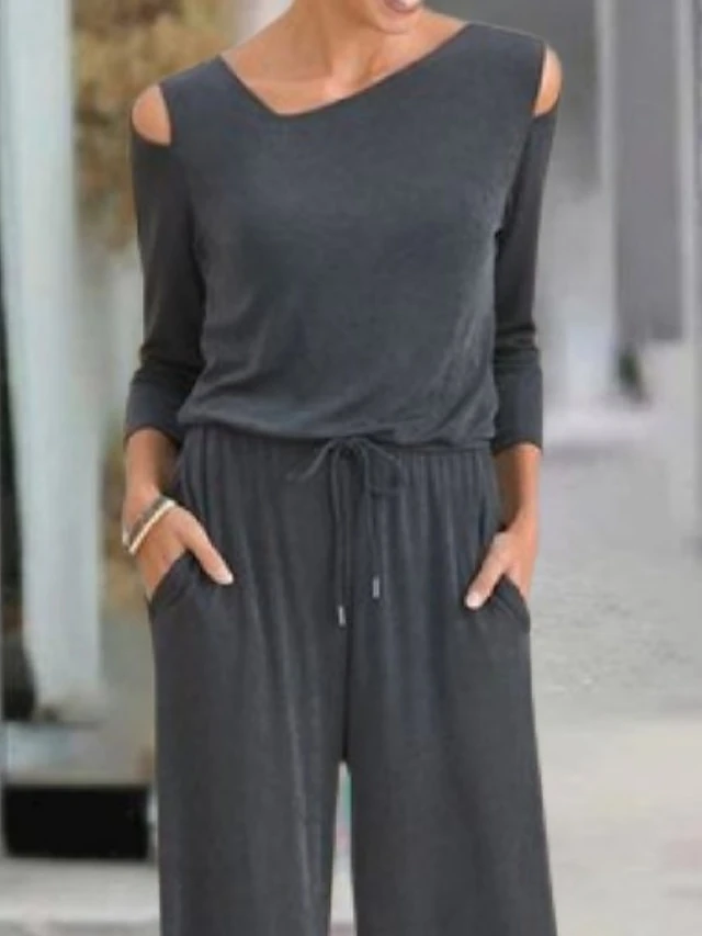 Women's Jumpsuit Solid Color V Neck Business Work Business Straight Regular Fit Long Sleeve Dark Gray S M L Fall 2 Women's Jumpsuit Solid Color V Neck Business Work Business Straight Regular Fit Long Sleeve Dark Gray S M L Fall - Image 2