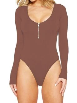 Women's Bodysuit Zipper High Waist Solid Color Round Neck Streetwear Street Daily Regular Fit Long Sleeve Light Apricot Black White S M L Fall -Cheap Plus Fit Dress Store euryam1693906390631