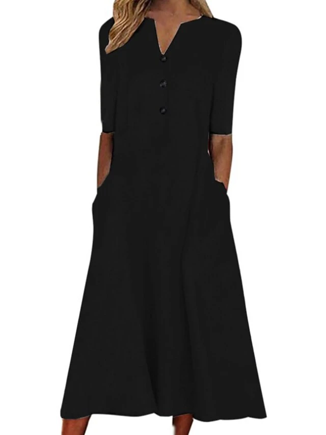 Women's Casual Dress Cotton Linen Dress A Line Dress Midi Dress Polyester Fashion Casual Outdoor Daily Vacation V Neck Button Pocket Short Sleeve Summer Spring 2023 Loose Fit Black White Navy Blue 5 Women's Casual Dress Cotton Linen Dress A Line Dress Midi Dress Polyester Fashion Casual Outdoor Daily Vacation V Neck Button Pocket Short Sleeve Summer Spring 2023 Loose Fit Black White Navy Blue - Image 5