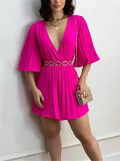 Women's Romper Pleated Solid Color V Neck Streetwear Street Xmas Daily Party Christmas Regular Fit 3/4 Length Sleeve Light Green Pink Fuchsia S M L Summer -Cheap Plus Fit Dress Store evhdbh1681203099587