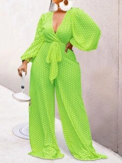 Women's Jumpsuit Lace Up Print Polka Dot V Neck Holiday Daily Vacation Wide Leg Regular Fit Long Sleeve Lantern Sleeve Yellow Red Green S M L Fall -Cheap Plus Fit Dress Store evhjry1693983804819
