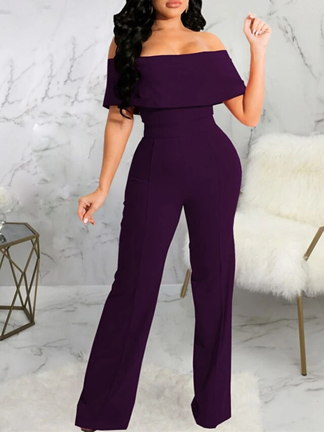 Women's Jumpsuit High Waist Solid Color Off Shoulder Streetwear Party Work Regular Fit Short Sleeve Green Purple Wine S M L Spring 2 Women's Jumpsuit High Waist Solid Color Off Shoulder Streetwear Party Work Regular Fit Short Sleeve Green Purple Wine S M L Spring - Image 2