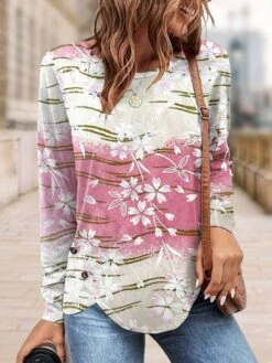 Women's T Shirt Tee Pink Floral Print Long Sleeve Holiday Weekend Fashion Round Neck Regular Fit Floral Painting Spring &Fall