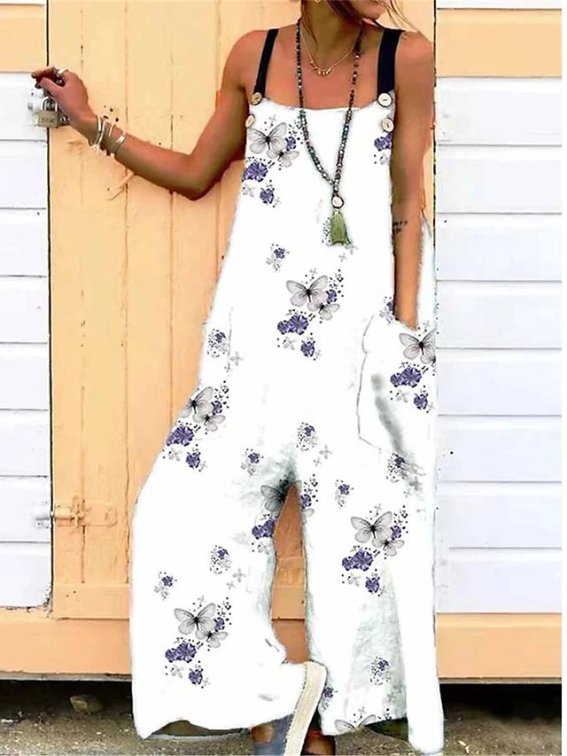 Jumpsuits For Women Summer Overall Pocket Print Floral Square Neck Streetwear Daily Vacation Regular Fit Sleeveless Black White Blue S M L 5 Jumpsuits For Women Summer Overall Pocket Print Floral Square Neck Streetwear Daily Vacation Regular Fit Sleeveless Black White Blue S M L - Image 5