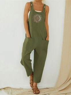 Jumpsuits For Women Summer Overall Bib Pocket Print Floral U Neck Casual Daily Vacation Regular Fit Sleeveless Blue Green Gray S M L