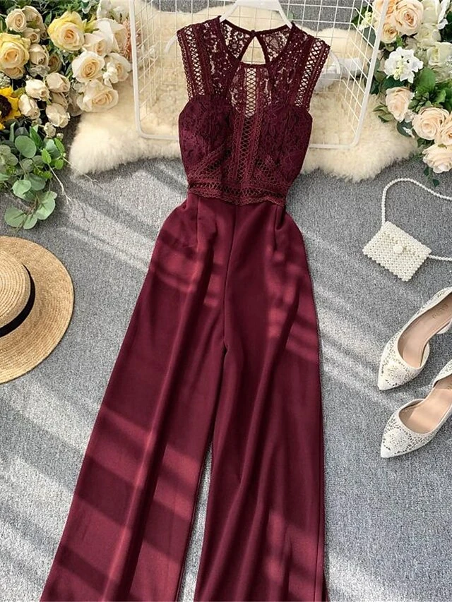 Women's Jumpsuit Lace Backless Solid Color Crew Neck Streetwear Street Going Out Regular Fit Sleeveless Black Yellow Wine One-Size Summer 11 Women's Jumpsuit Lace Backless Solid Color Crew Neck Streetwear Street Going Out Regular Fit Sleeveless Black Yellow Wine One-Size Summer - Image 11