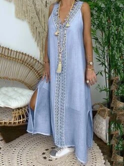 Women's Casual Dress Cotton Linen Dress White Dress Maxi Long Dress Polyester Lace Fashion Daily Weekend V Neck Lace Split Sleeveless Summer 2023 Loose Fit Lake Blue Black White Plain S M L XL 2XL -Cheap Plus Fit Dress Store ewmqik1686105105404