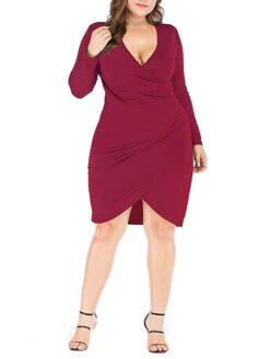 Women‘s Plus Size Curve Work Dress Sheath Dress Semi Formal Dress Fashion Midi Dress Ruched V Neck Long Sleeve Plain Regular Fit Black Wine Blue Fall Winter XL XXL 3XL 4XL 5XL -Cheap Plus Fit Dress Store ewonqz1691401442569