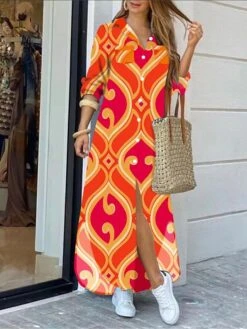 Women's Shirt Dress Casual Dress Maxi Long Dress Outdoor Daily Polyester Fashion Hot Shirt Collar Button Split Long Sleeve Summer Spring Fall 2023 Regular Fit Light Pink Pink Wine Floral Geometric S