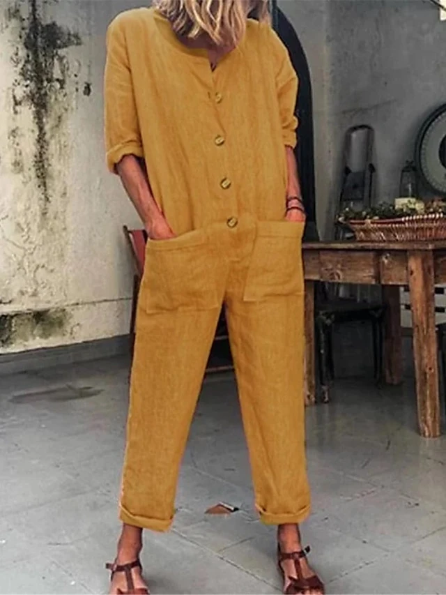 Women's Jumpsuits Casual Maillard Button Patch Pocket Solid Color V Neck Streetwear Street Daily Regular Fit Half Sleeve Yellow Red Royal Blue S M L 5 Women's Jumpsuits Casual Maillard Button Patch Pocket Solid Color V Neck Streetwear Street Daily Regular Fit Half Sleeve Yellow Red Royal Blue S M L - Image 5