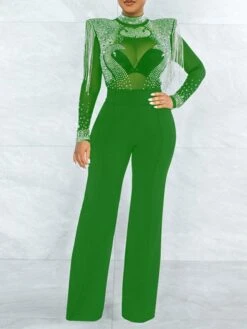 Women's Jumpsuit High Waist Tassel Solid Color Stand Collar Elegant Party Regular Fit Long Sleeve Green Blue Fuchsia S M L Winter -Cheap Plus Fit Dress Store expsjr1665571018265