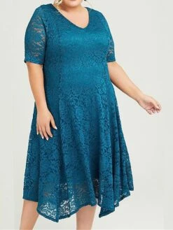 Women's Plus Size Curve Party Dress Lace Dress Cocktail Dress Midi Dress Blue Purple Half Sleeve Pure Color Lace Summer Spring Fall V Neck Fashion Birthday Wedding Guest Vacation 2023 XL XXL 3XL -Cheap Plus Fit Dress Store eydwof1692156270979