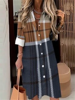 Women's Shirt Dress Casual Dress Midi Dress Outdoor Office Daily Polyester Fashion Modern Shirt Collar Button Pocket Long Sleeve Fall Winter 2023 Loose Fit Pink Brown Gray Plaid S M L XL 2XL