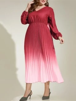 Women's Plus Size Work Dress Swing Dress Semi Formal Dress Fashion Long Dress Maxi Dress Pleated Print V Neck Long Sleeve Ombre Regular Fit Red Fall Winter L XL XXL 3XL 4XL -Cheap Plus Fit Dress Store eyretb1693300573633