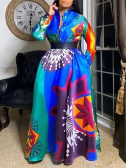 Women‘s Plus Size Curve Party Dress Swing Dress Graphic Long Dress Maxi Dress Long Sleeve Pocket Print Crew Neck Modern Party Blue Fall Spring L XL XXL 3XL 4XL -Cheap Plus Fit Dress Store eyvhwo1672986054131