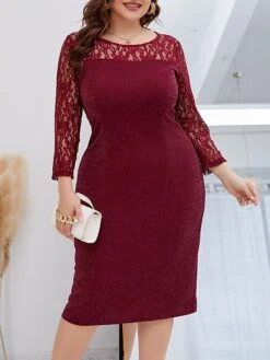 Women‘s Plus Size Curve Party Dress Lace Dress Cocktail Dress Midi Dress Wine Long Sleeve Pure Color Lace Spring Fall Winter Crew Neck Fashion Winter Dress Birthday Wedding Guest 2023 -Cheap Plus Fit Dress Store eyvpkg1691999689254
