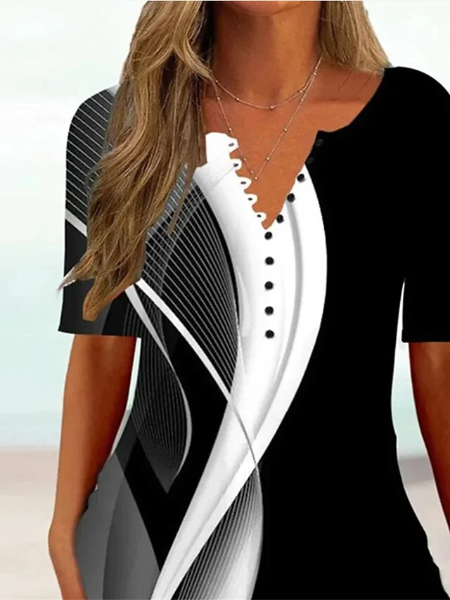 Women's T Shirt Tee Black Geometric Abstract Button Print Short Sleeve Casual Daily Tunic Basic V Neck Regular Fit 3 Women's T Shirt Tee Black Geometric Abstract Button Print Short Sleeve Casual Daily Tunic Basic V Neck Regular Fit - Image 3