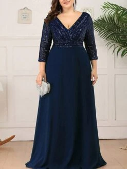 Women's Plus Size Curve Party Dress Sequin Dress Chiffon Dress Plain Long Dress Maxi Dress 3/4 Length Sleeve Patchwork V Neck Fashion Party Navy Blue Fall Winter L XL XXL 3XL 4XL