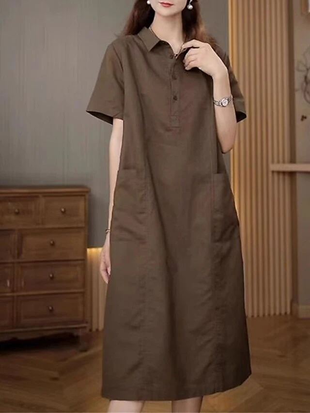 Women's Casual Dress Cotton Linen Dress Midi Dress Polyester Casual Daily Casual Outdoor Home Holiday Shirt Collar Pocket Short Sleeve Summer Spring 2023 Loose Fit Navy Blue Purple Brown Plain M L XL 7 Women's Casual Dress Cotton Linen Dress Midi Dress Polyester Casual Daily Casual Outdoor Home Holiday Shirt Collar Pocket Short Sleeve Summer Spring 2023 Loose Fit Navy Blue Purple Brown Plain M L XL - Image 7